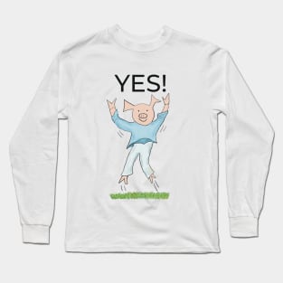 Yes! Jump for joy! Joyful! Pink, Celebrating, elated cute pig.  Job offer, passing exams, passing your driving test. Yes! Long Sleeve T-Shirt